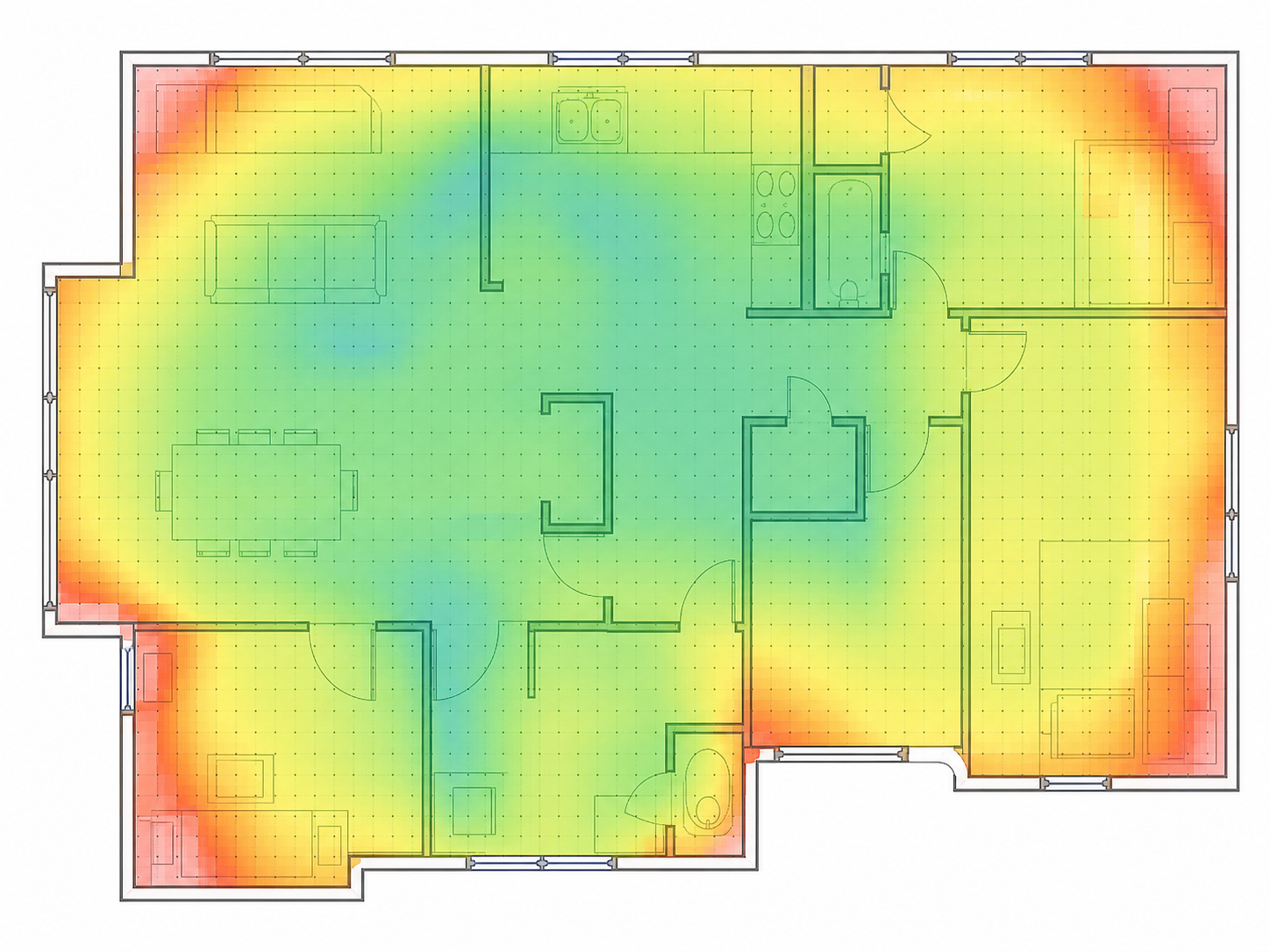 Wi-Fi coverage heatmap on a prepared home floor plan